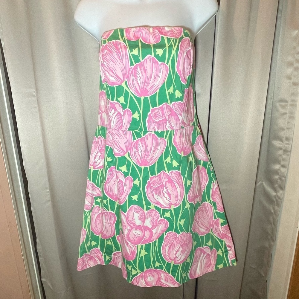 Lilly Pulitzer Strapless Floral Dress in Pink and Green